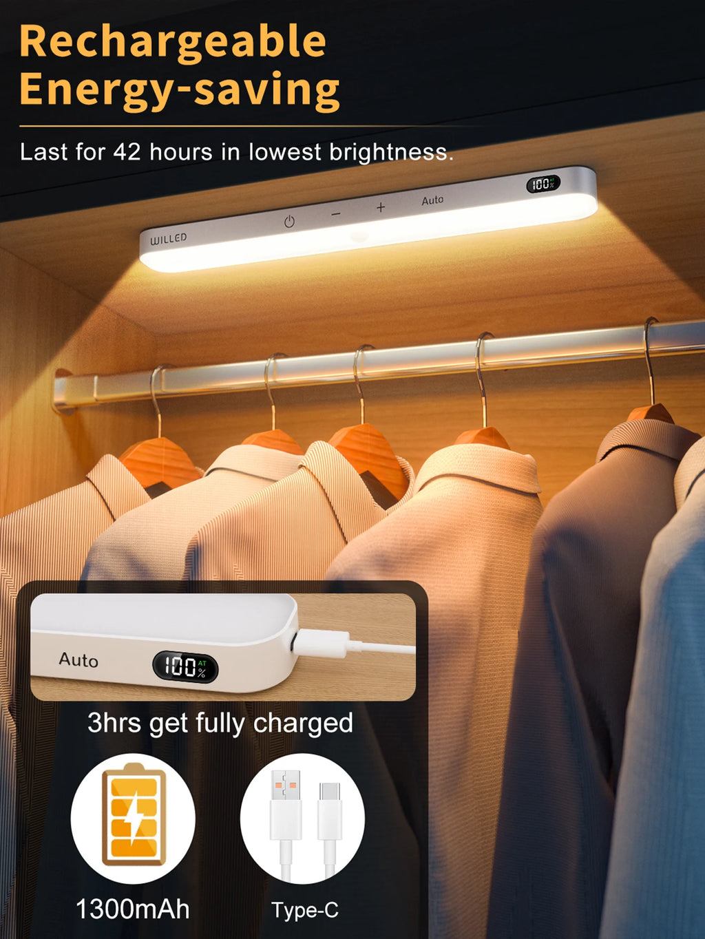 Rechargeable LED light bar mounted inside a closet, highlighting energy-saving features and USB-C charging