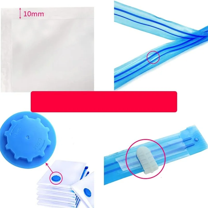 Close-up details of vacuum bag zipper, valve, and sealing mechanism