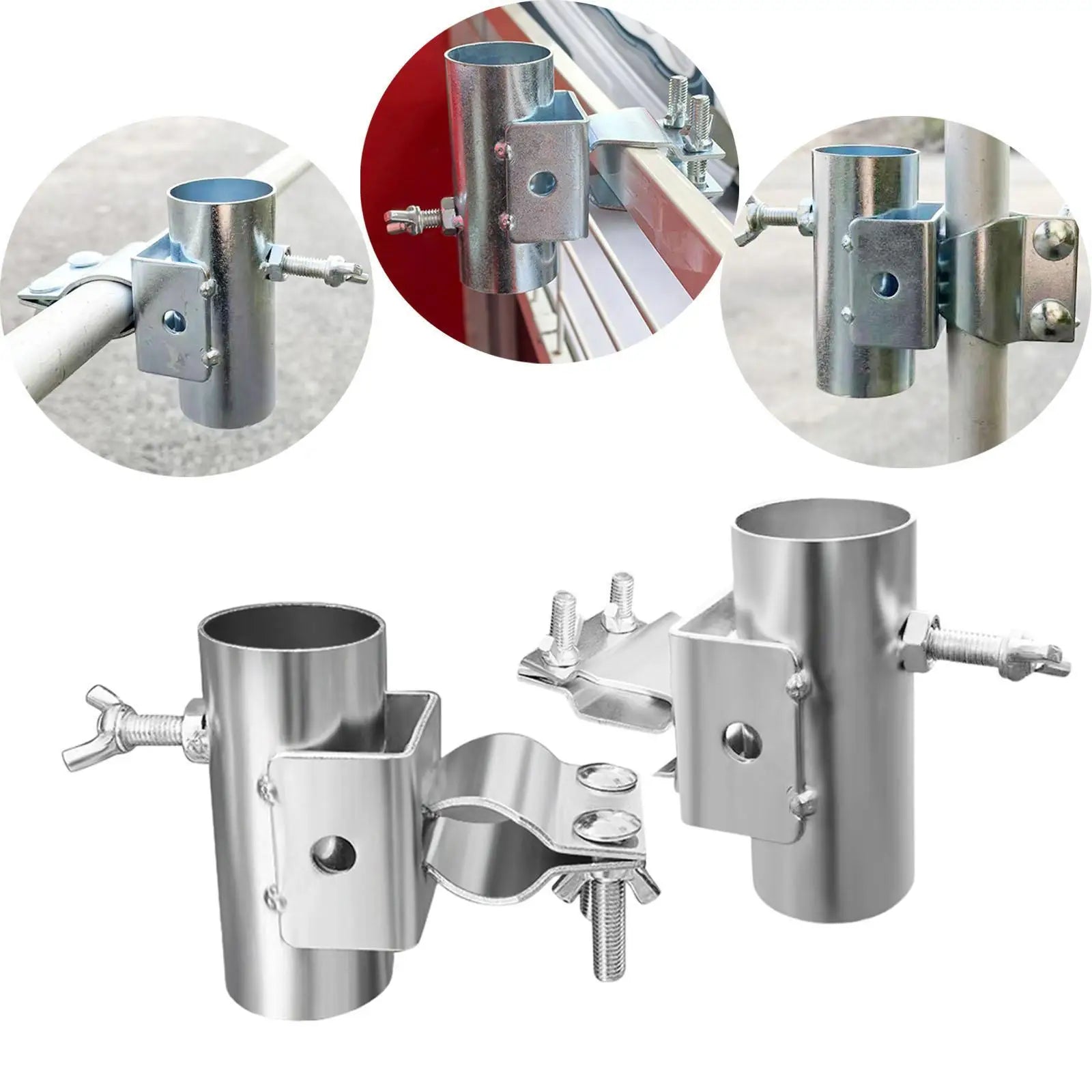 Clamp-on umbrella holder shown attached to different railings and a table edge