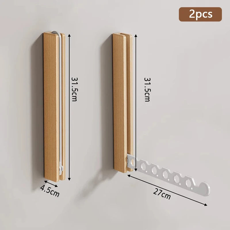 Walnut Wood Wall-Mounted Foldable Clothes Drying Rack with Windproof Hanger Slots for Bedroom, Laundry, or Balcony