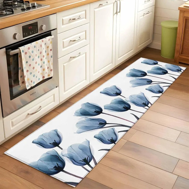 Modern blue flower runner rug styled in a kitchen interior