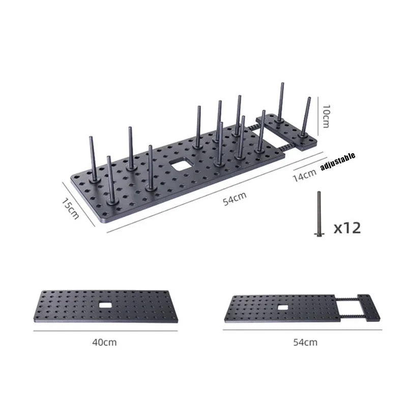 Diagram showing dimensions of adjustable pegboard tray and removable posts for dish organization