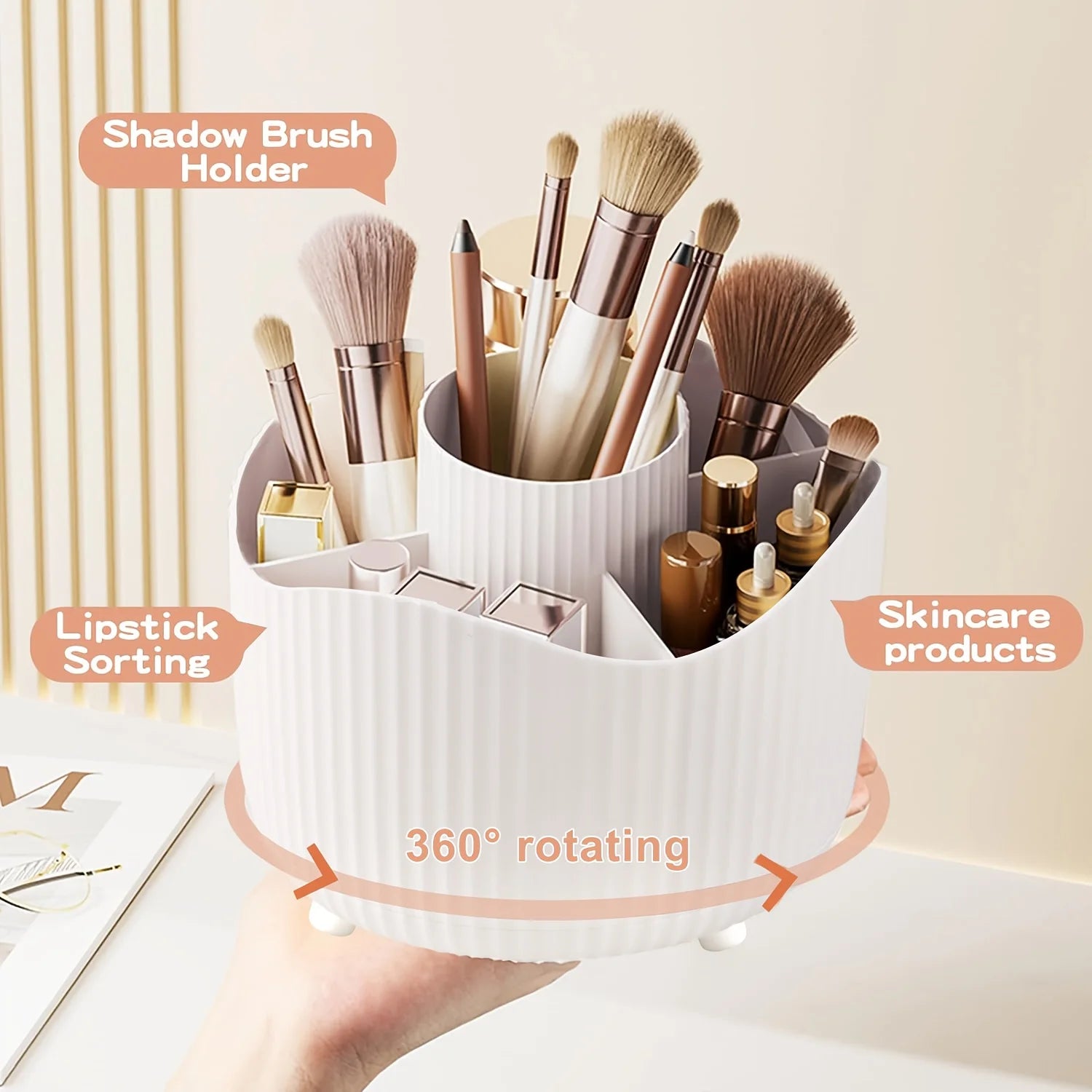 Rotating makeup holder showing labeled compartments for brushes, lipstick, and skincare products