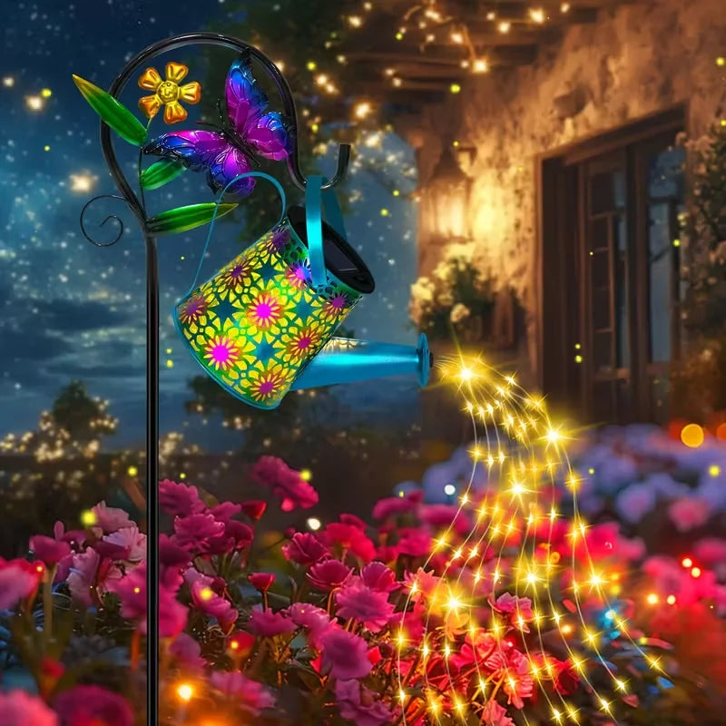 Meadowcrest Solar Butterfly Watering Can Lantern – Metal Garden Path Light