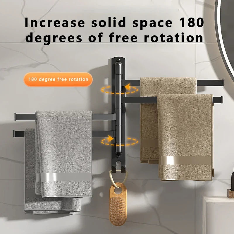 Black wall-mounted towel rack with four towels, graphic illustrating 180-degree rotation of each bar