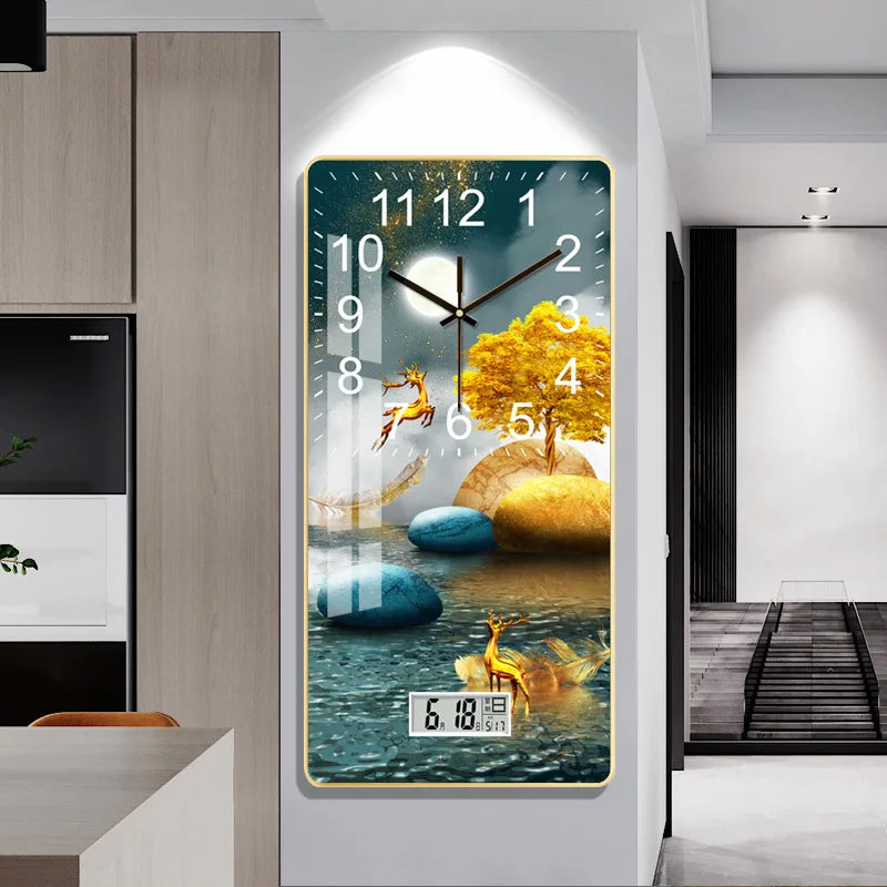 Modern rectangular wall clock with nature artwork and LCD date display hanging in a bright living space