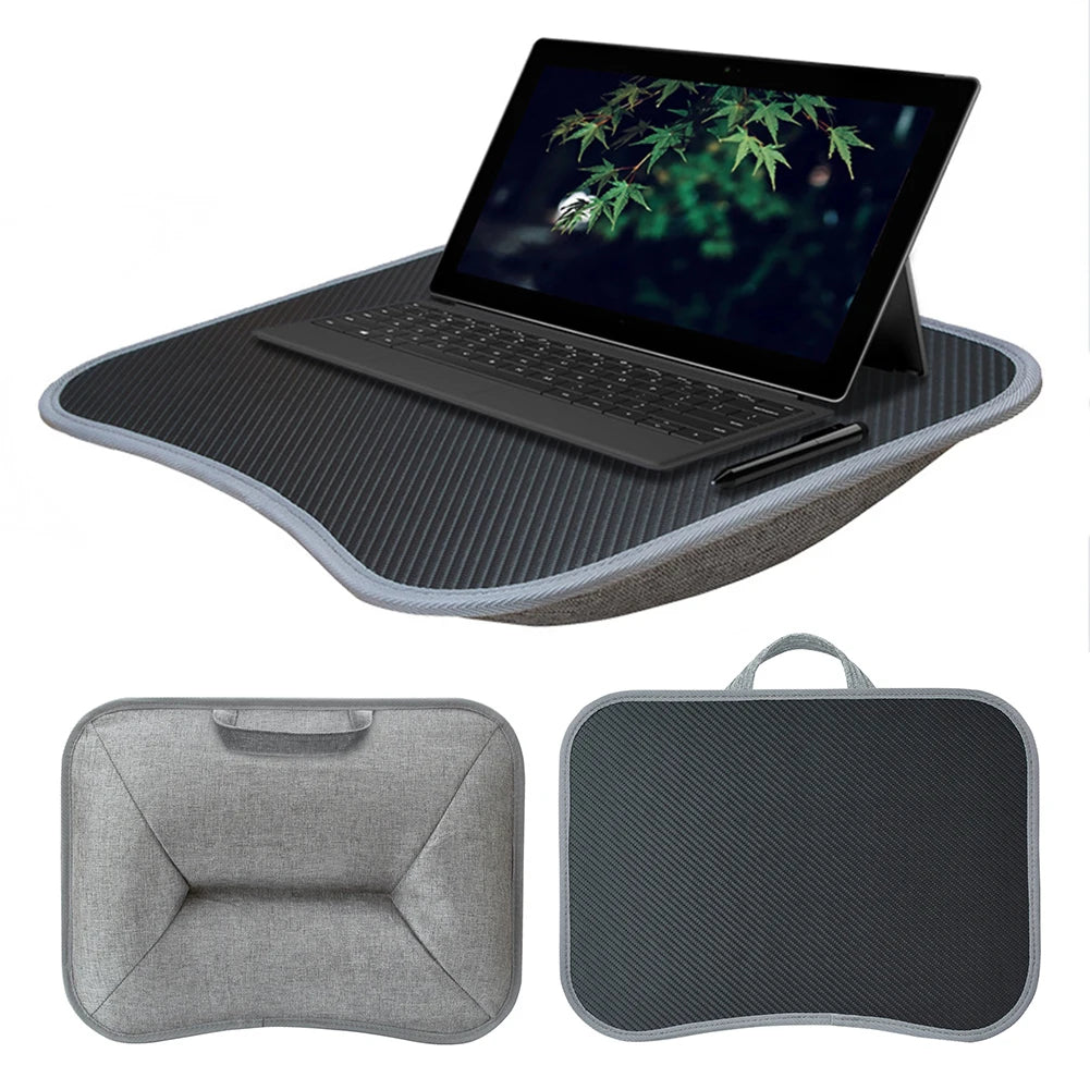 Portable cushioned laptop lap desk in black and gray, shown with laptop and details of the top and bottom surfaces