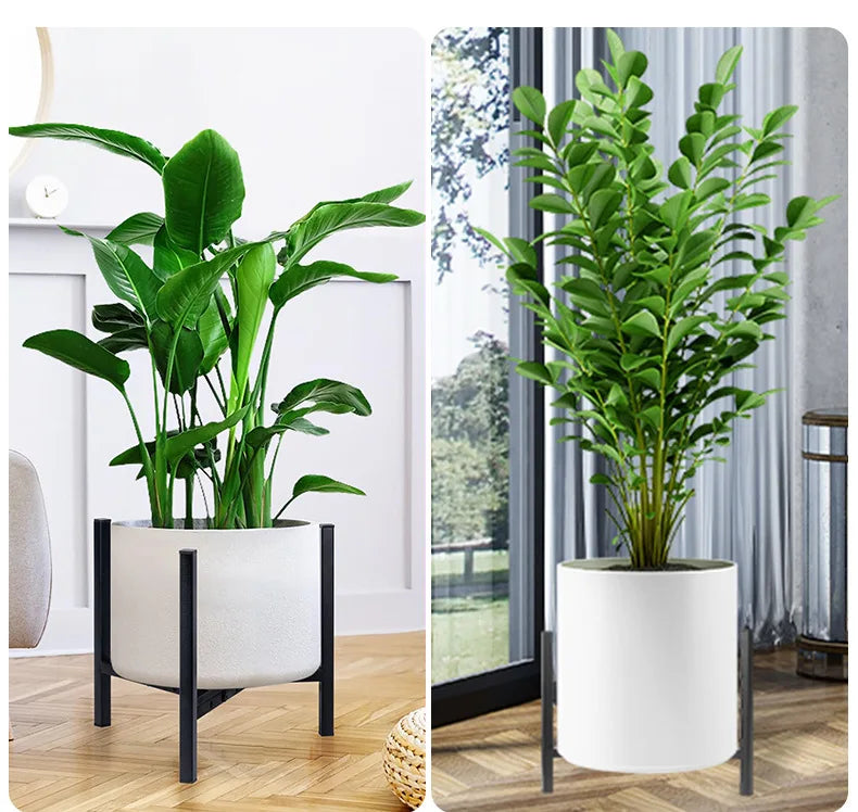 Modern black plant stands holding white pots in living and sunlit rooms