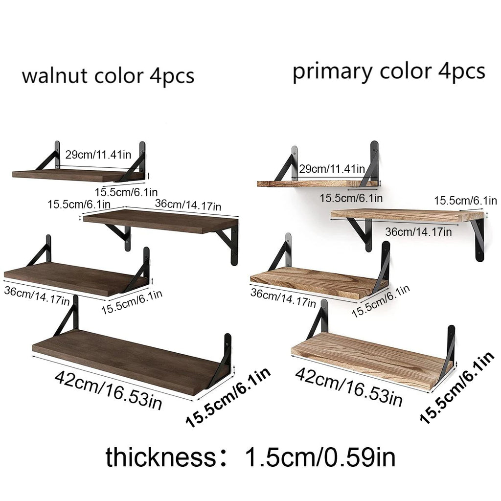 Dimension chart for walnut and light wood floating wall shelf sets, showing individual shelf measurements