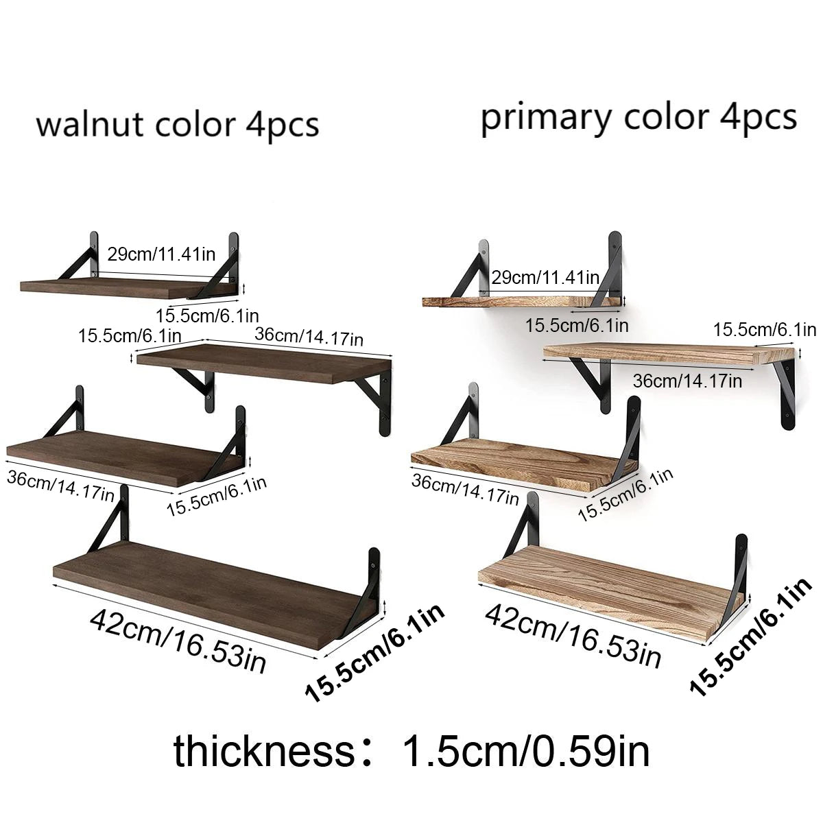 Dimension chart for walnut and light wood floating wall shelf sets, showing individual shelf measurements