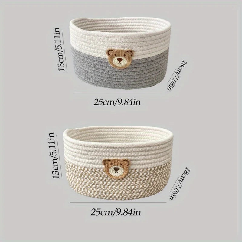 Two bear nursery storage baskets side-by-side showing color and size (25cm x 13cm), in beige and grey options