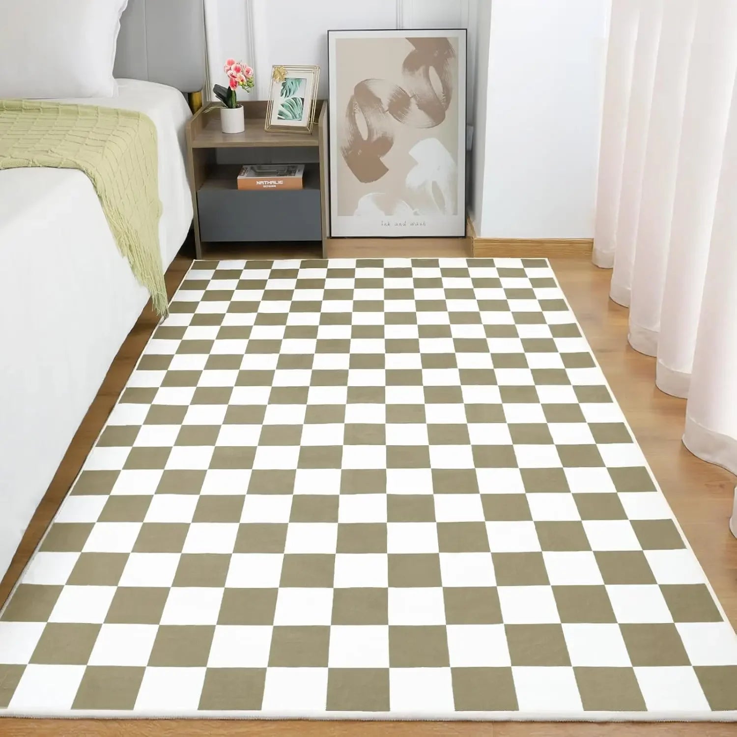 Washable Checkered Area Rug for Living Room, Bedroom, or Kitchen – Soft Low-Pile, Non-Slip Backing, Multiple Colors & Sizes