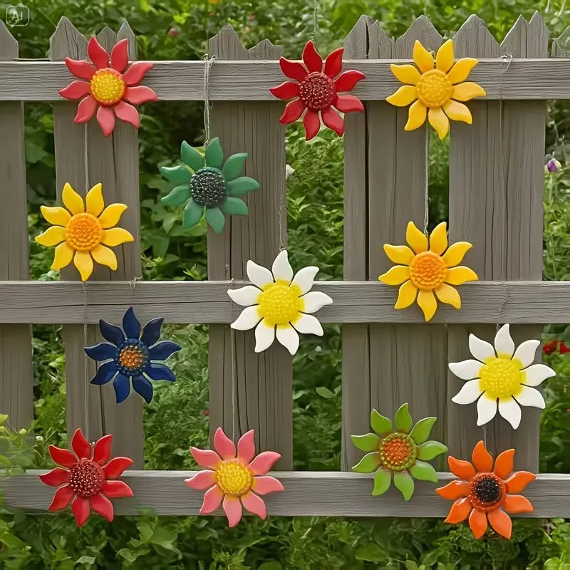 Colorful metal flower wall decor arranged on an outdoor wooden fence