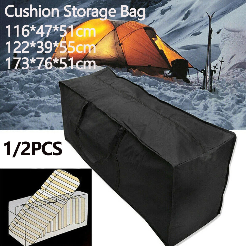 Black outdoor cushion storage bag shown with dimension options and outdoor camp background