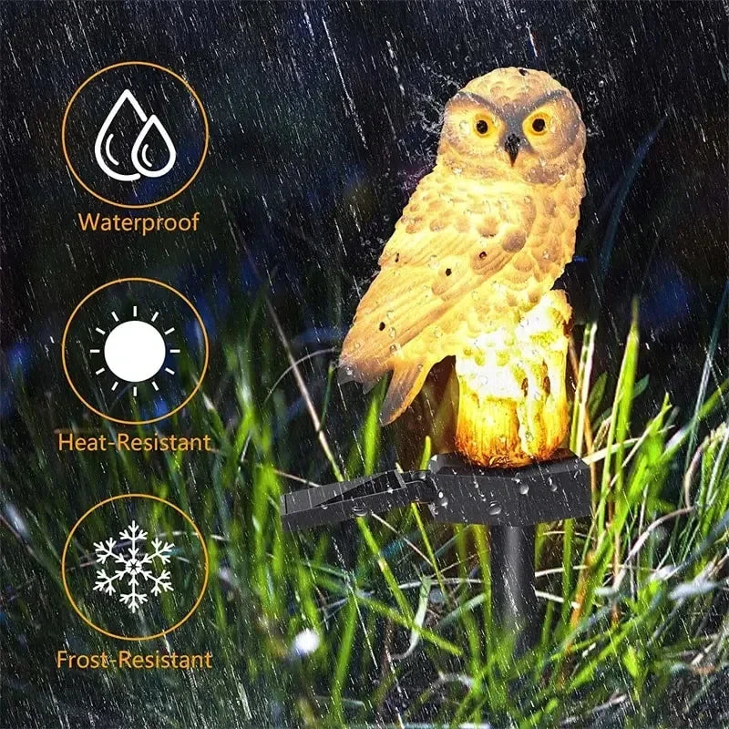 Brown owl solar garden stake light illuminated in rain with waterproof, heat-resistant, and frost-resistant icons