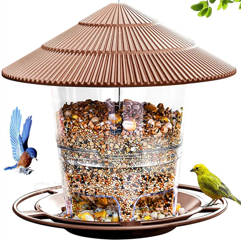 brown hanging bird feeder with seeds, small blue and yellow birds nearby in a garden setting