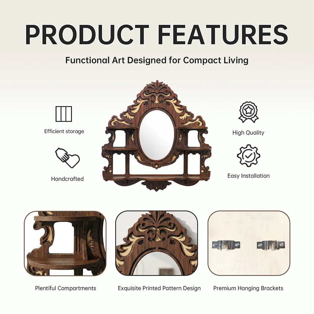 Product feature graphic highlighting compartments and ornate wood details on mirror shelf