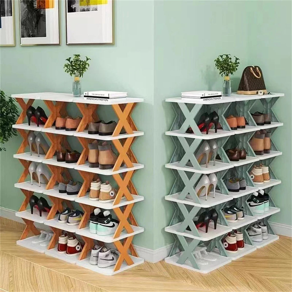 Two multi-layer plastic shoe racks with orange and green X-frame sides filled with shoes in a living room corner