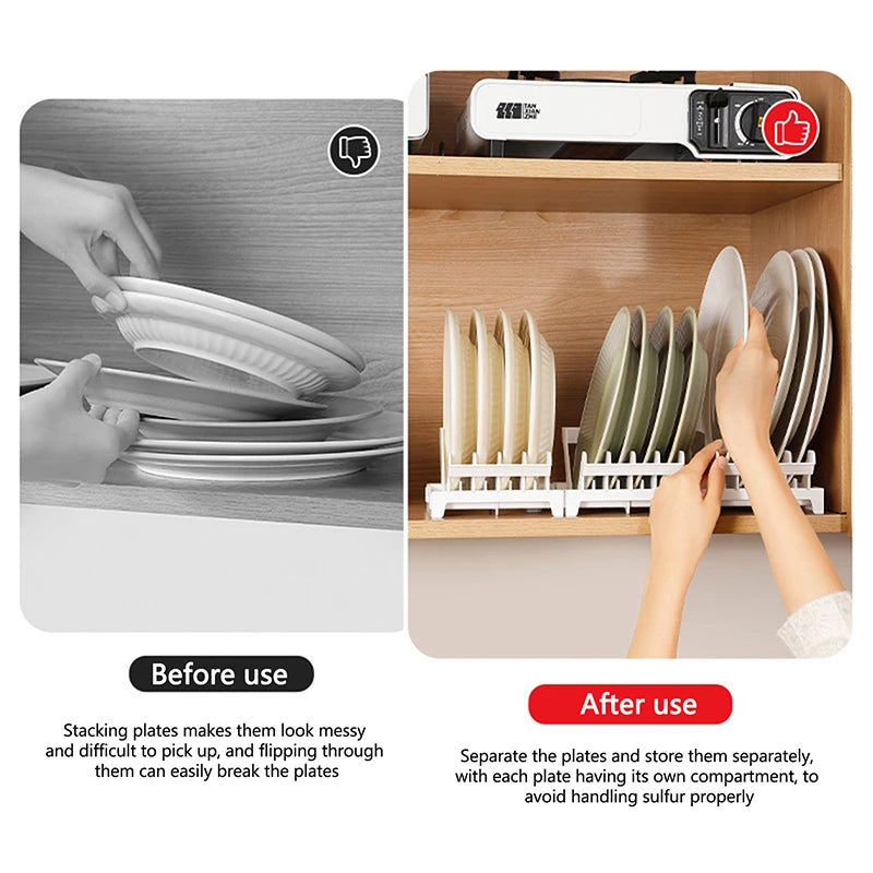Before and after comparison of plate organization: messy stacked plates vs. neatly stored plates in an upright white rack inside kitchen cabinet.