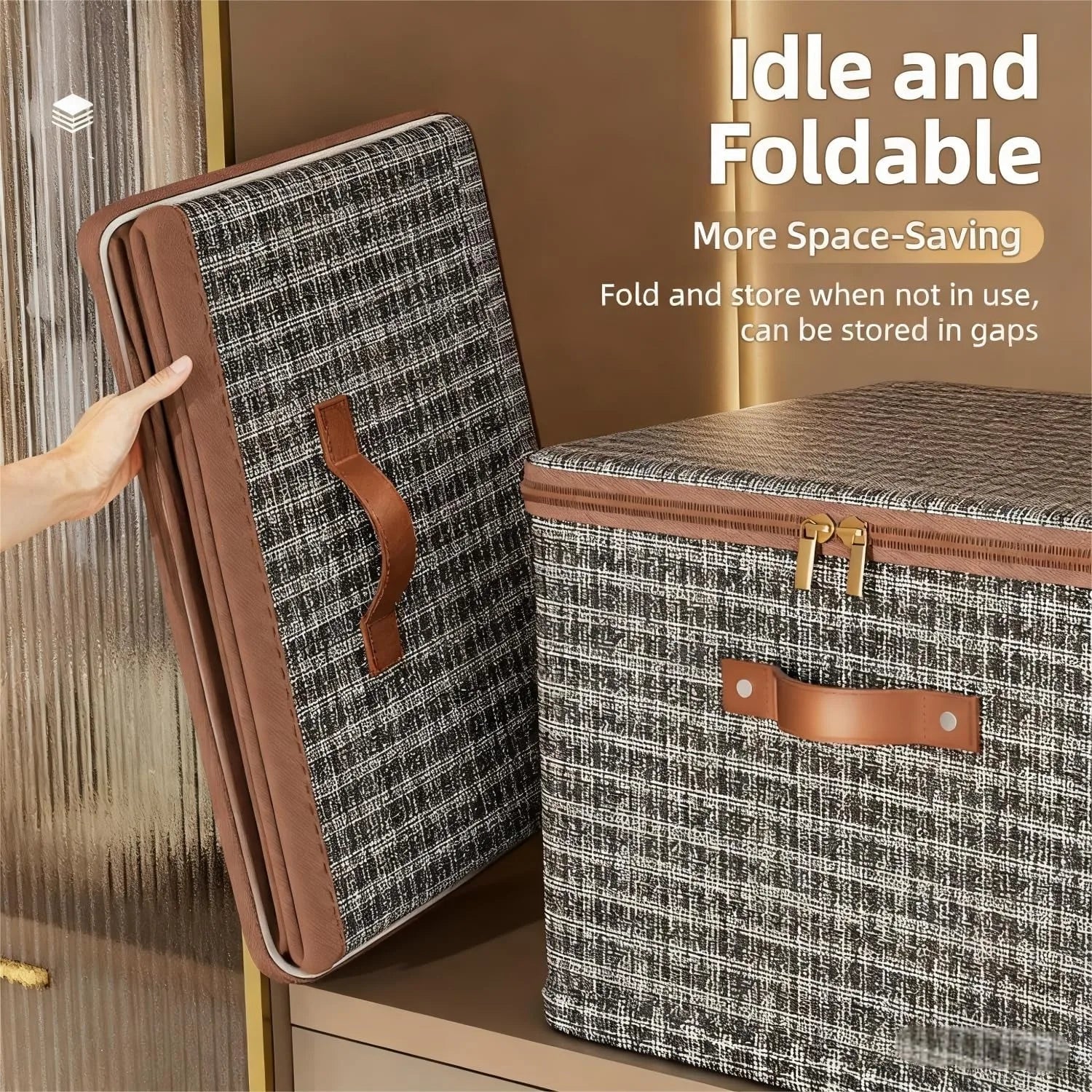 Foldable storage bin shown collapsed for compact storage and shelf placement