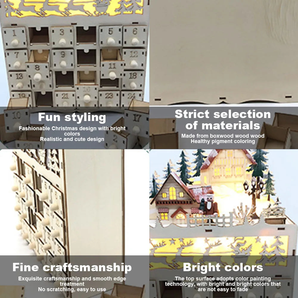 closeup showing open drawers and decorative painted Christmas village theme
