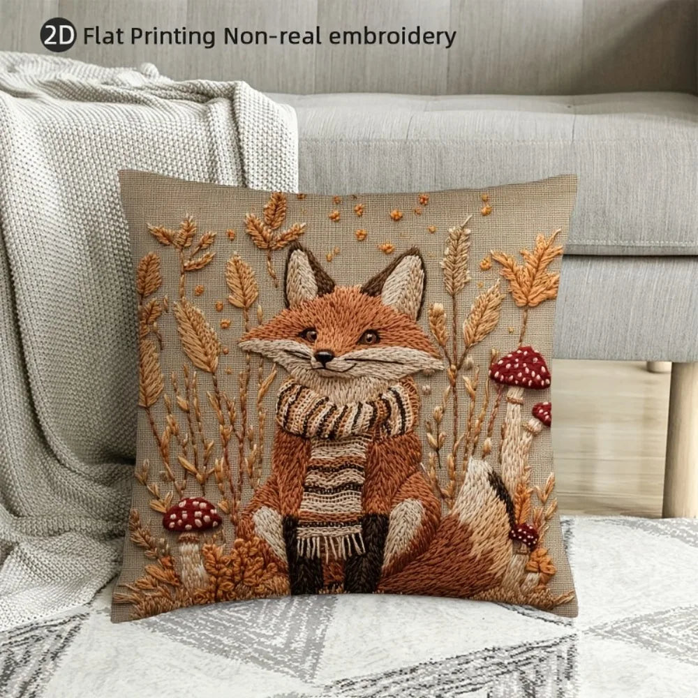 fox print decorative pillow cover styled on a sofa with a throw blanket in a cozy living room