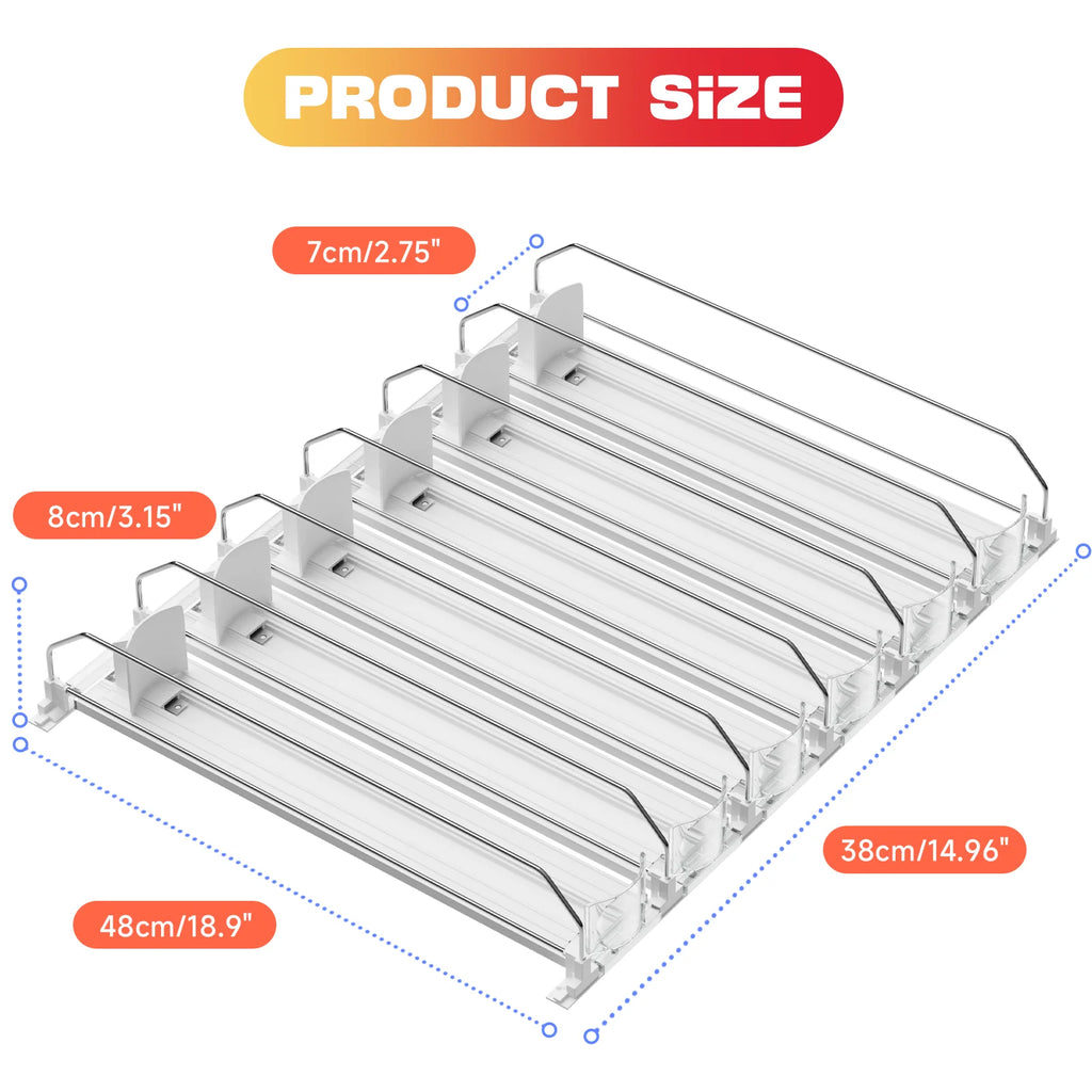 6-Row Drink Can Organizer for Fridge – White Sliding Beverage Rack