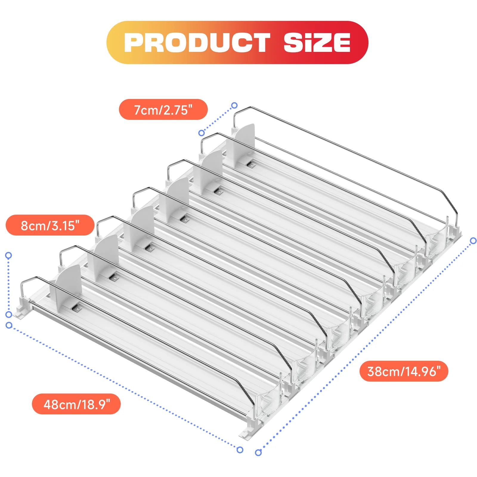 6-Row Drink Can Organizer for Fridge – White Sliding Beverage Rack