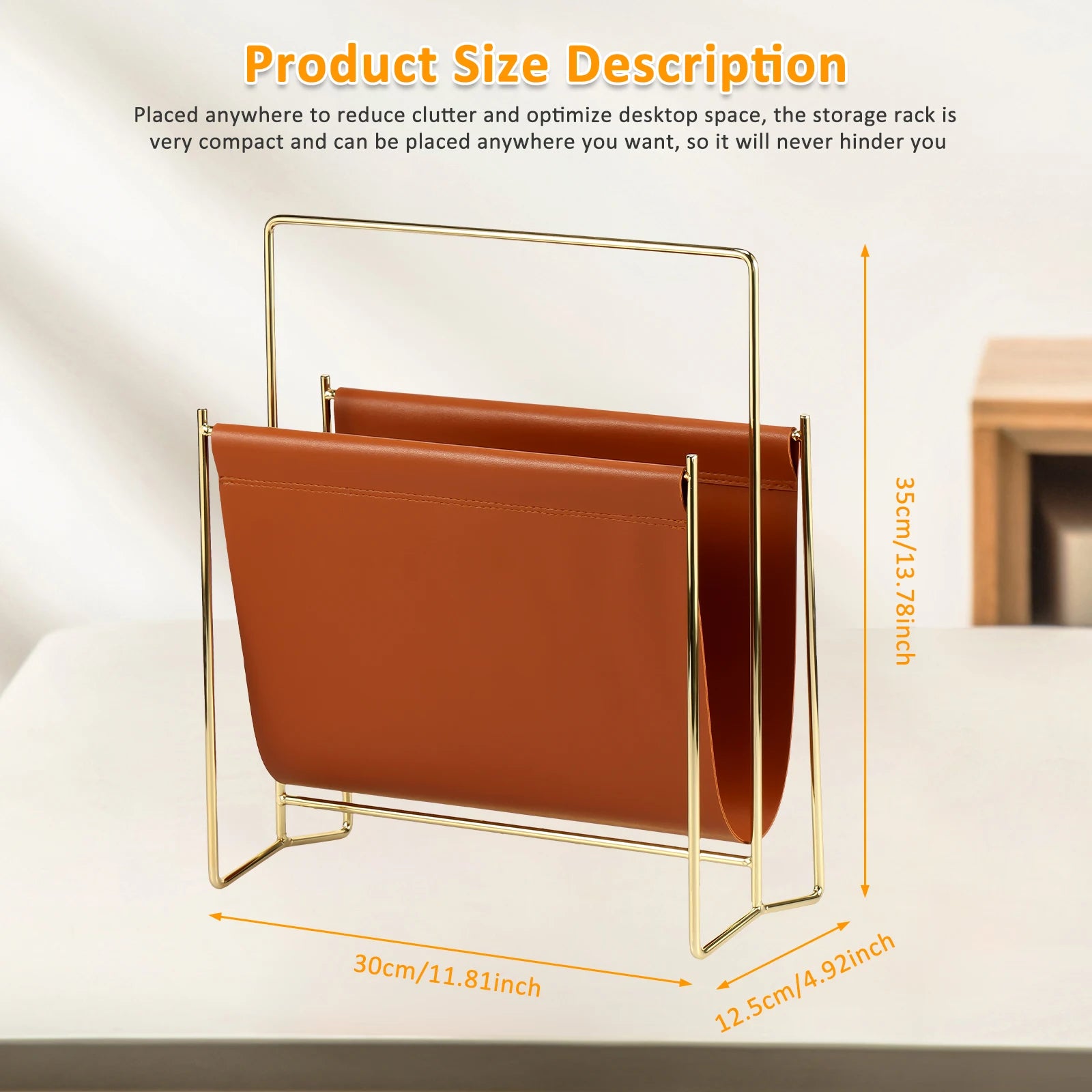 Magazine storage rack with brown faux leather pouch and gold frame, labeled with size dimensions