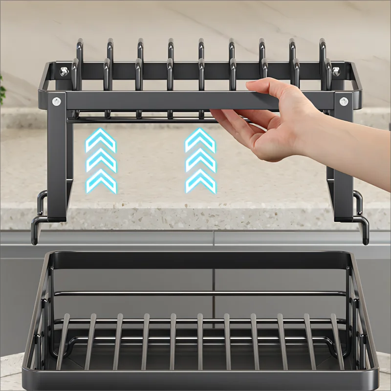 Removable upper rack being lifted off the dish drying rack system on a kitchen counter