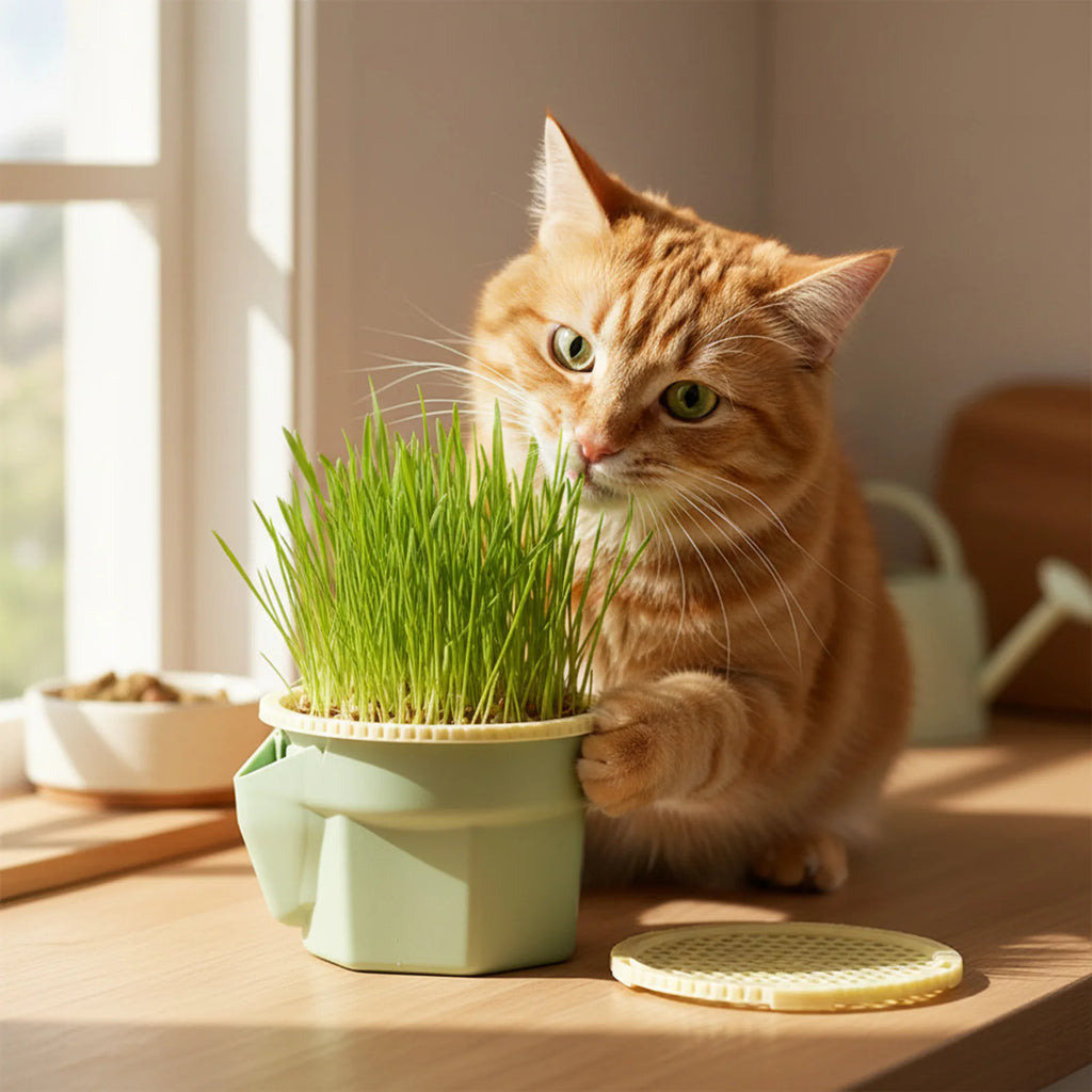 Orange tabby cat exploring cat grass growing cup on indoor table