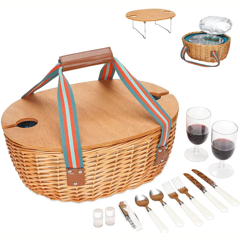 Woven Picnic Basket with Insulated Liner and Portable Table Lid