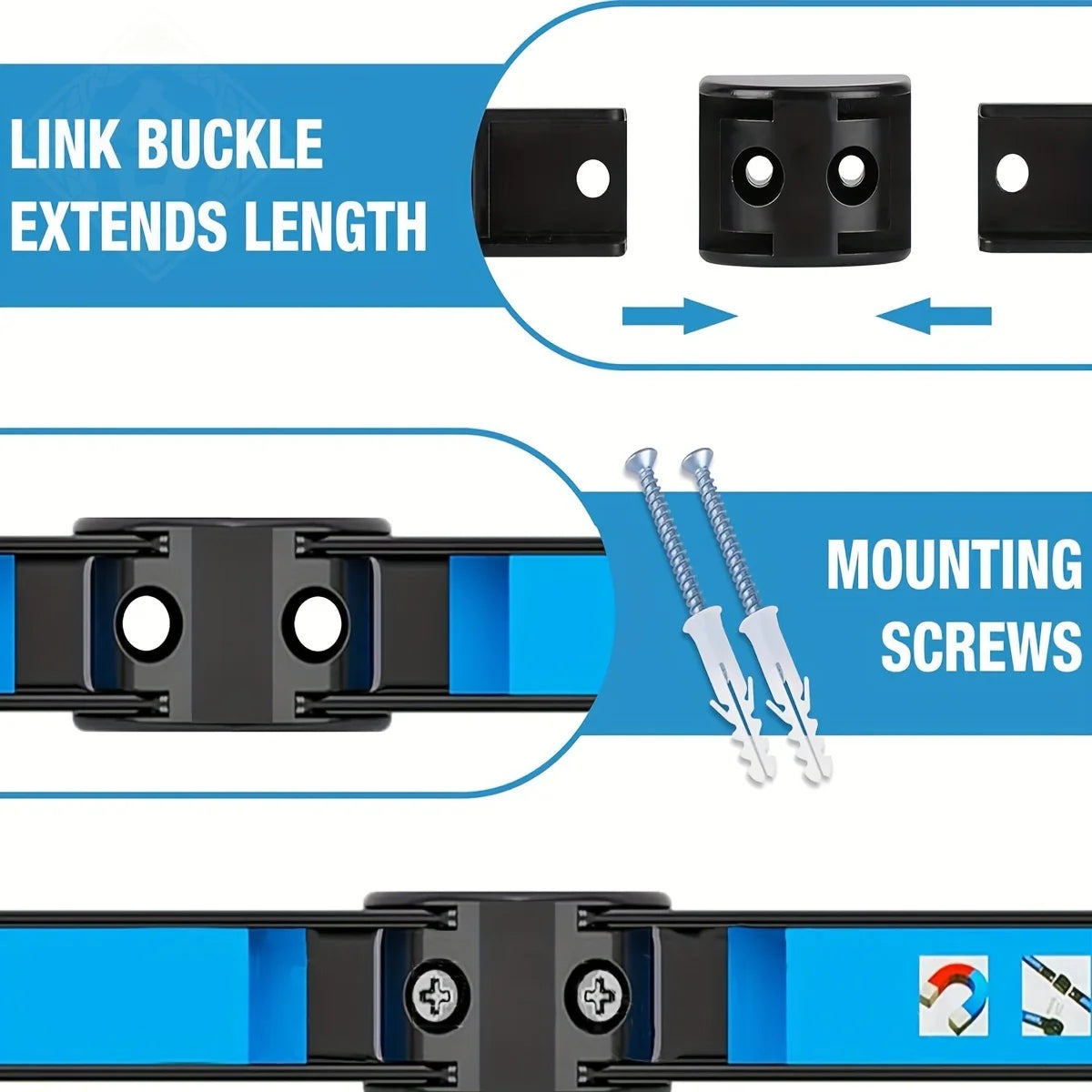 Close-up of link buckle for extending length and mounting screws for magnetic tool holder bar