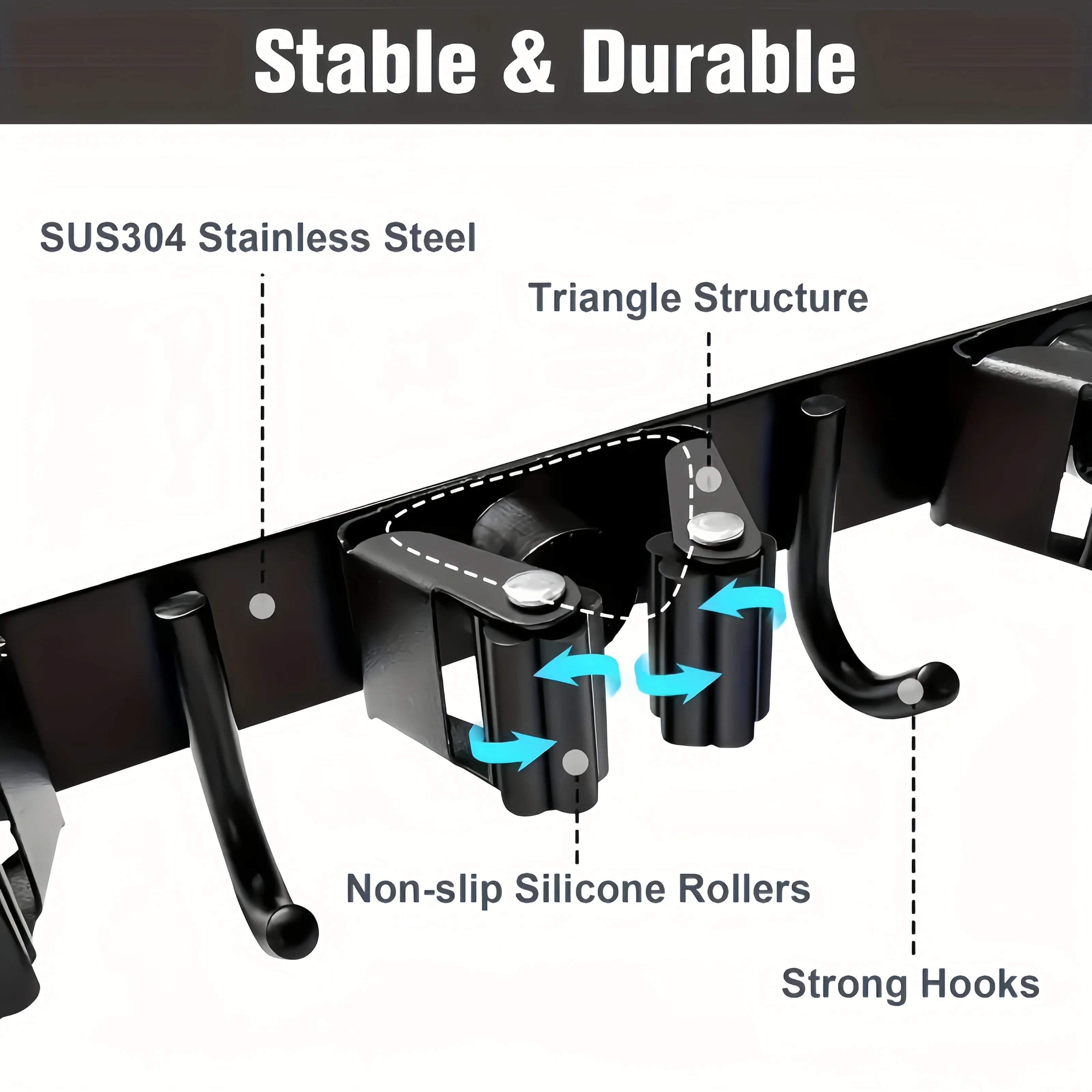Close-up diagram showing metal tool rack features including silicone rollers and hooks