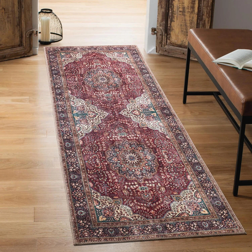 Persian-inspired red medallion runner rug in entryway with rustic decor