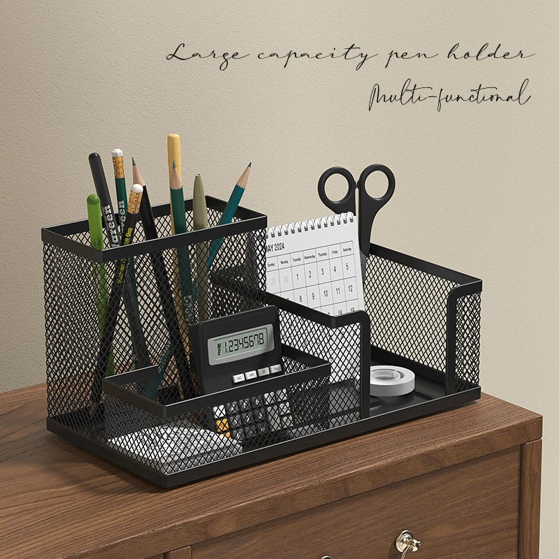 angled view of black mesh desktop organizer with large pencil holder and compartments
