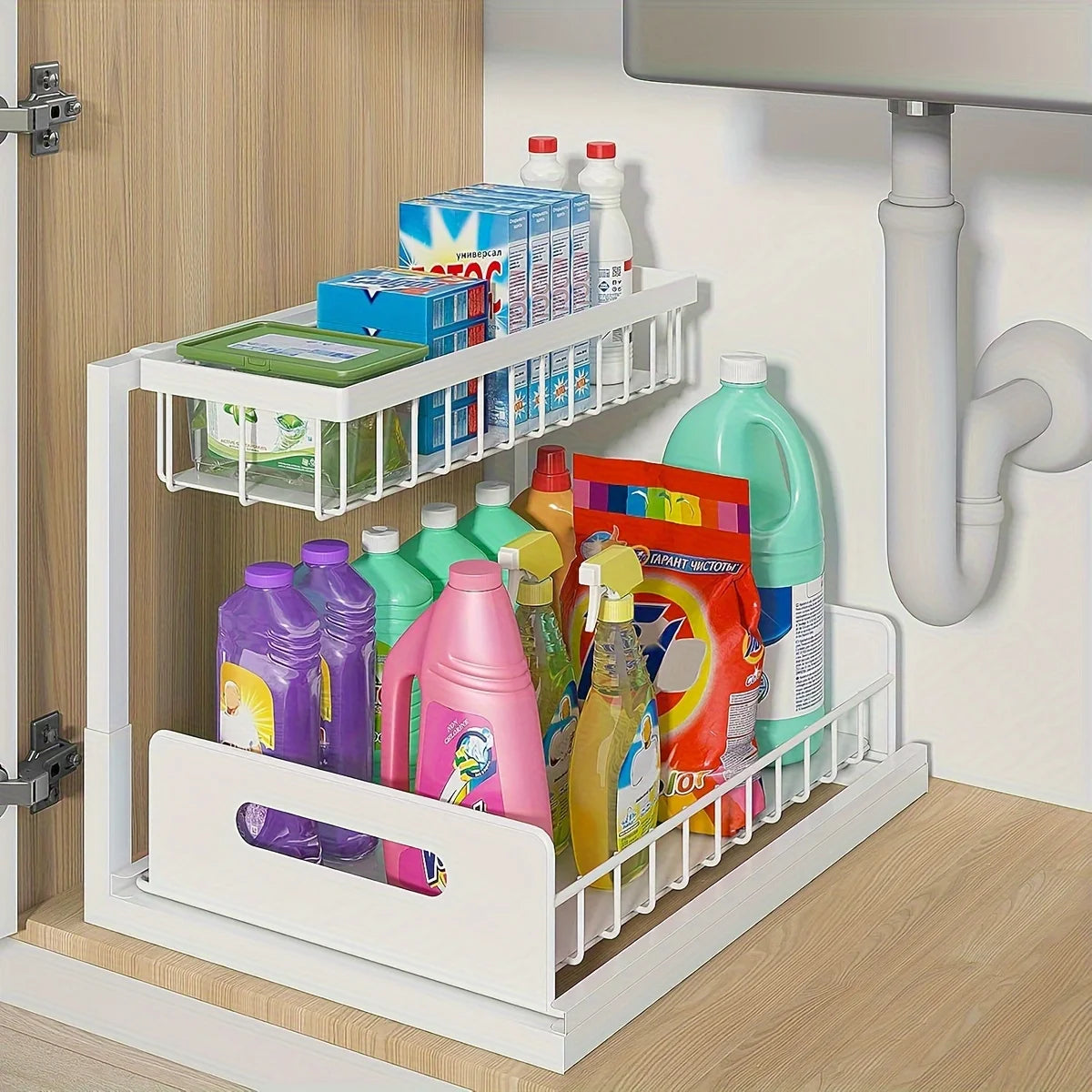 Steel Under Sink Pull-Out Organizer for Cabinets – Black or White