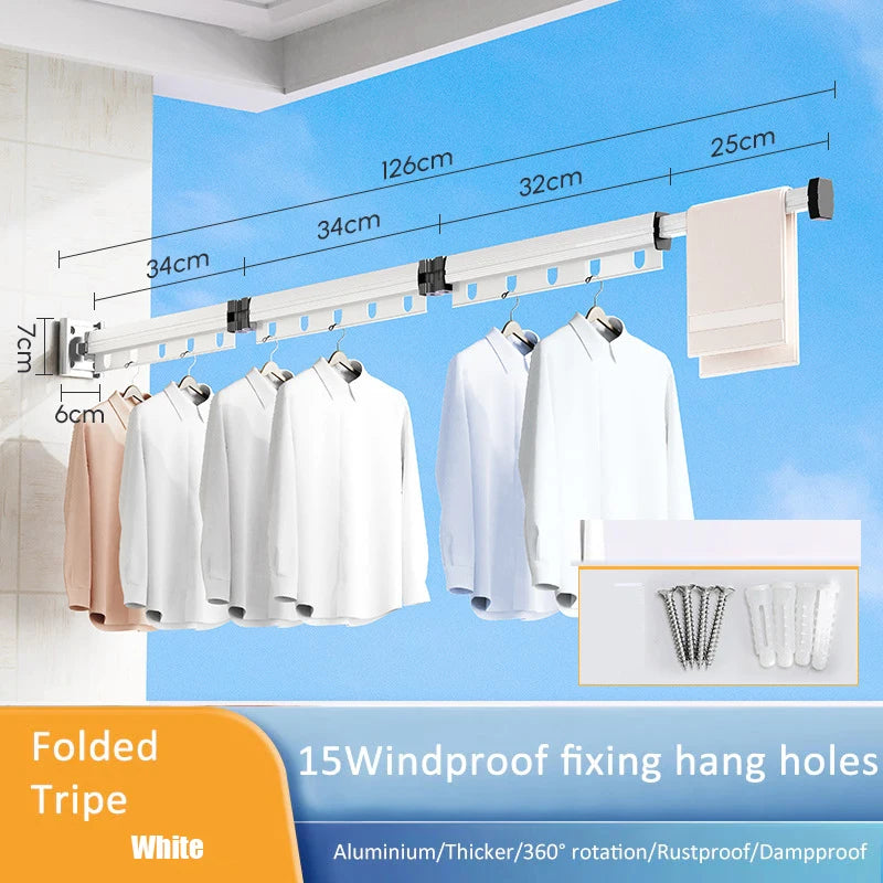 wall-mounted folding drying rack installed in a laundry room, with shirts and towels hanging; detailed size measurements and included hardware are shown