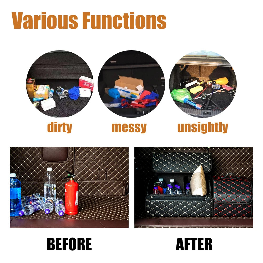 Before-and-after comparison of a car trunk organized with folding quilted storage boxes