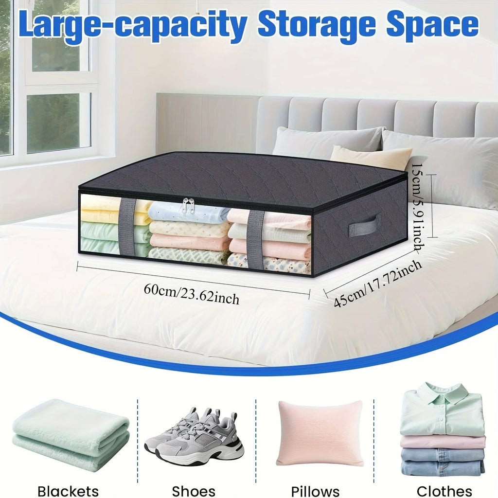 Grey under bed storage bin on a bed with dimensions shown as 60cm by 45cm by 15cm, icons for blankets, shoes, pillows, and clothes beneath.