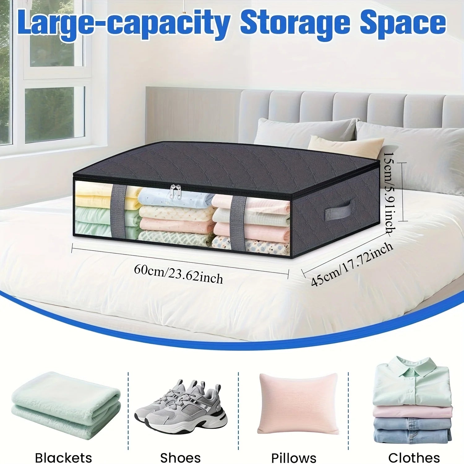 Grey under bed storage bin on a bed with dimensions shown as 60cm by 45cm by 15cm, icons for blankets, shoes, pillows, and clothes beneath.