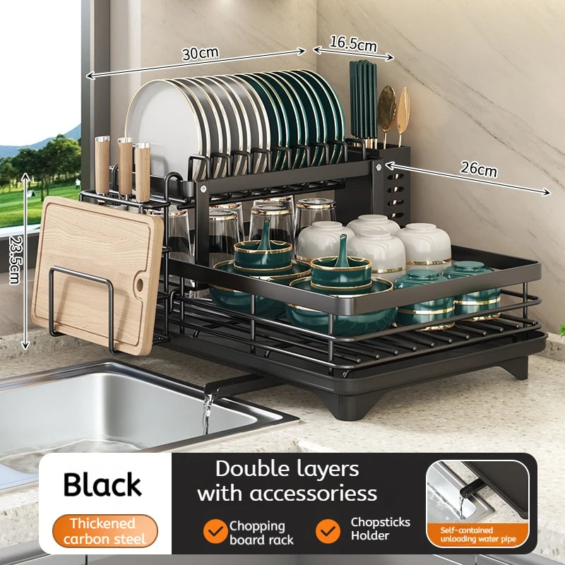 Adjustable 2-Tier Carbon Steel Dish Drying Rack with Drainboard for Kitchen Counter Organization
