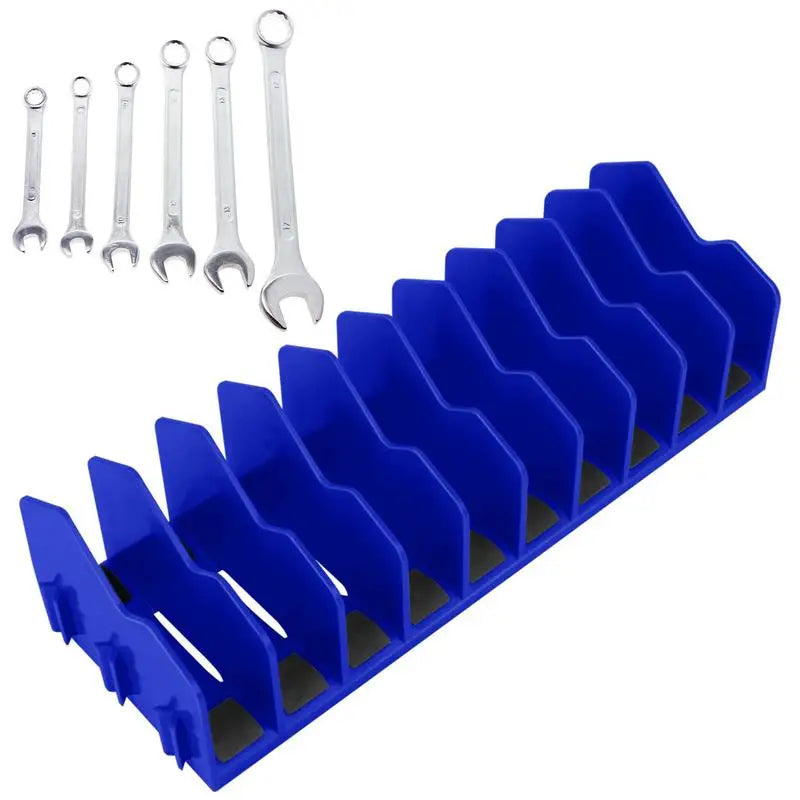Blue organizer rack with ten slots, shown with open-end wrenches.