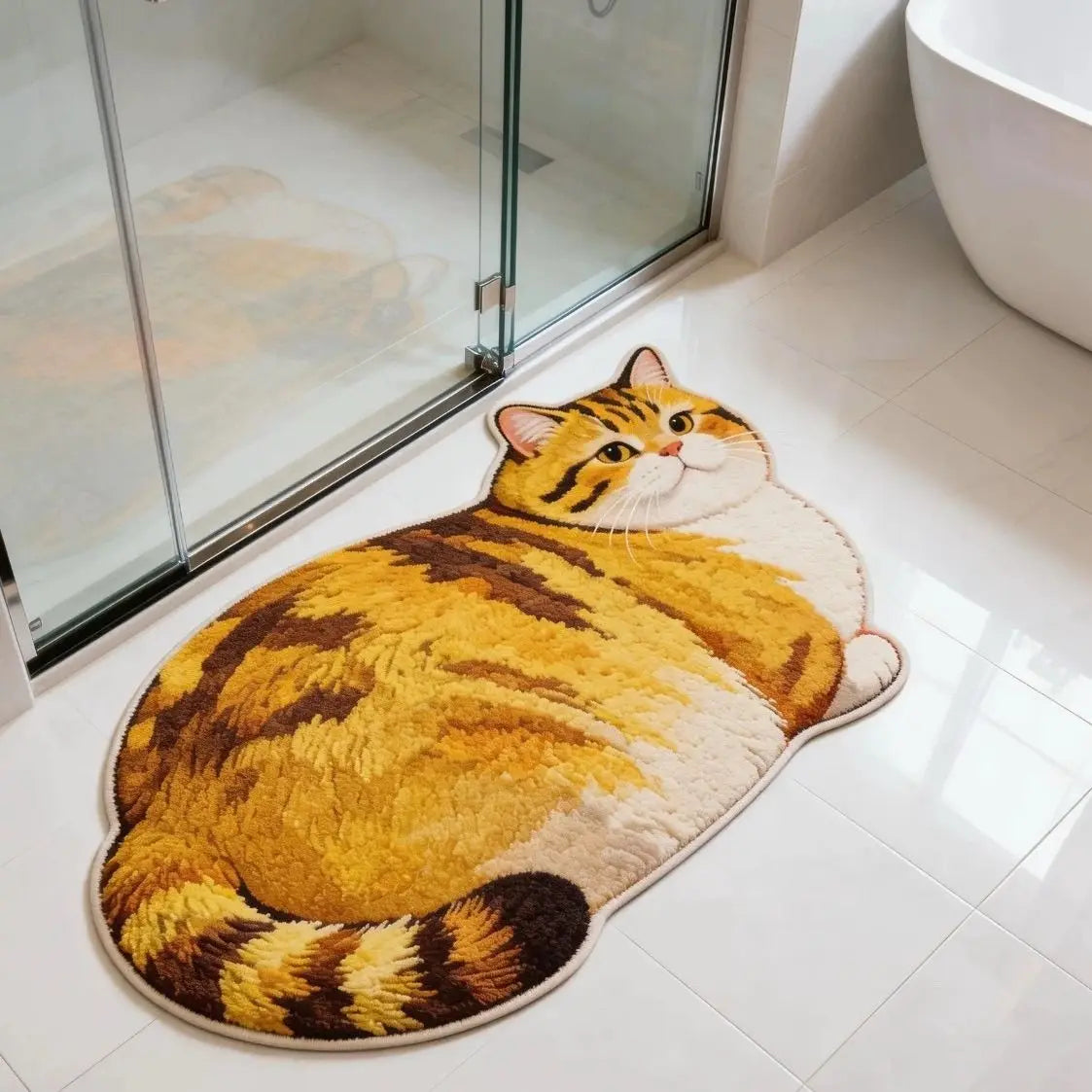 Yellow tabby cat shaped bath mat in bright bathroom setting