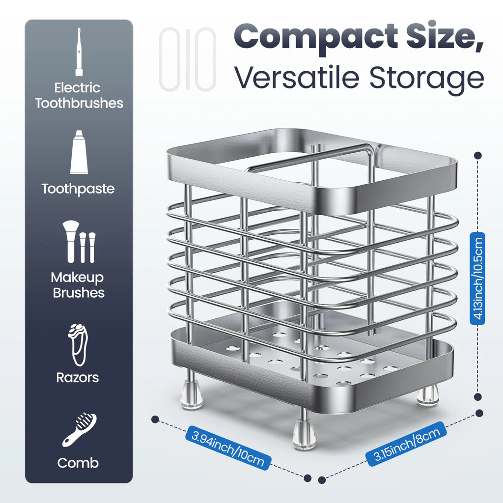 Stainless steel bathroom toothbrush holder with two slots for electric toothbrushes, toothpaste, makeup brushes, razors, and combs; measurements displayed