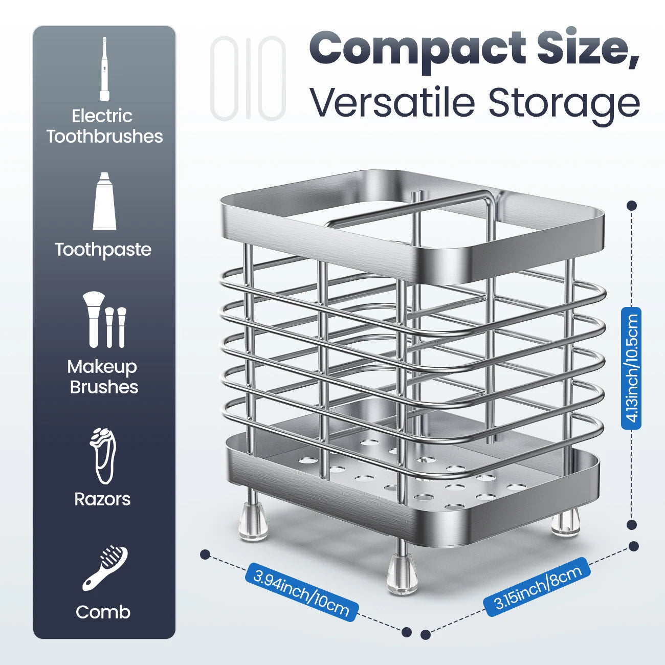 Stainless steel bathroom toothbrush holder with two slots for electric toothbrushes, toothpaste, makeup brushes, razors, and combs; measurements displayed