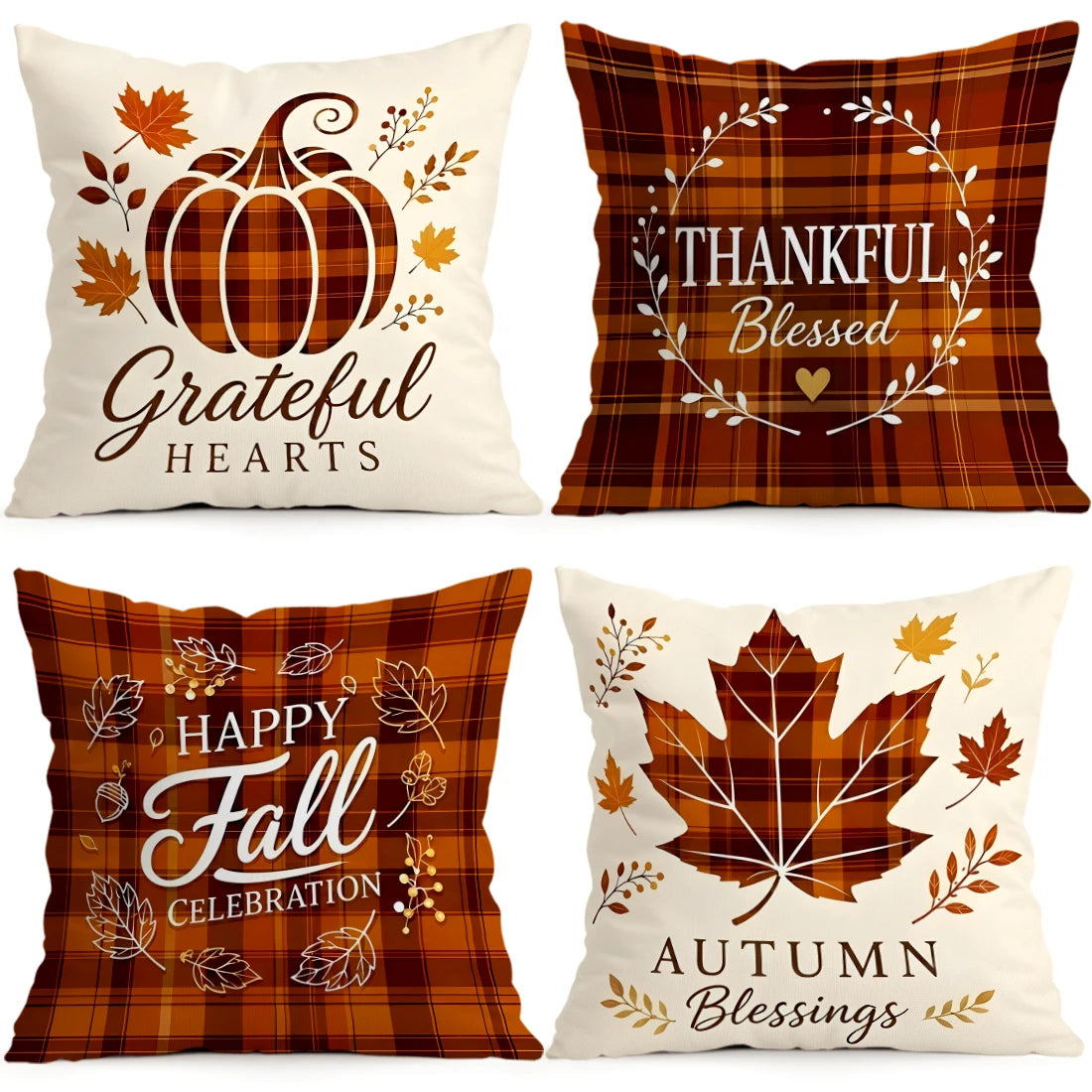 Maple Plaid Autumn Throw Pillow Covers – Set of 4 Fall Pumpkin & Leaf Cushion Covers for Living Room or Sofa