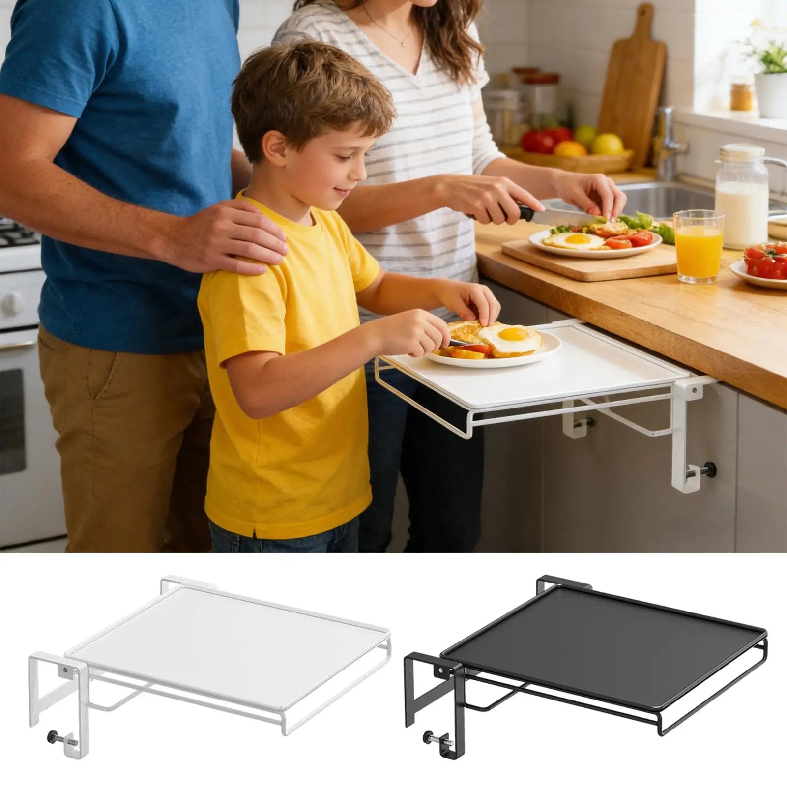 Family using the white over-cabinet foldable shelf for breakfast prep, with product options in black and white shown below