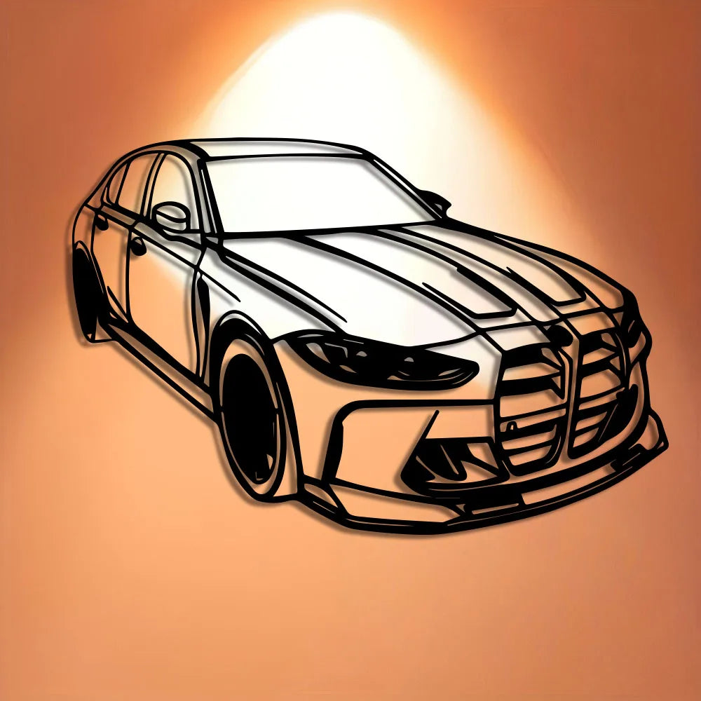 Black metal car wall art illuminated against an orange wall