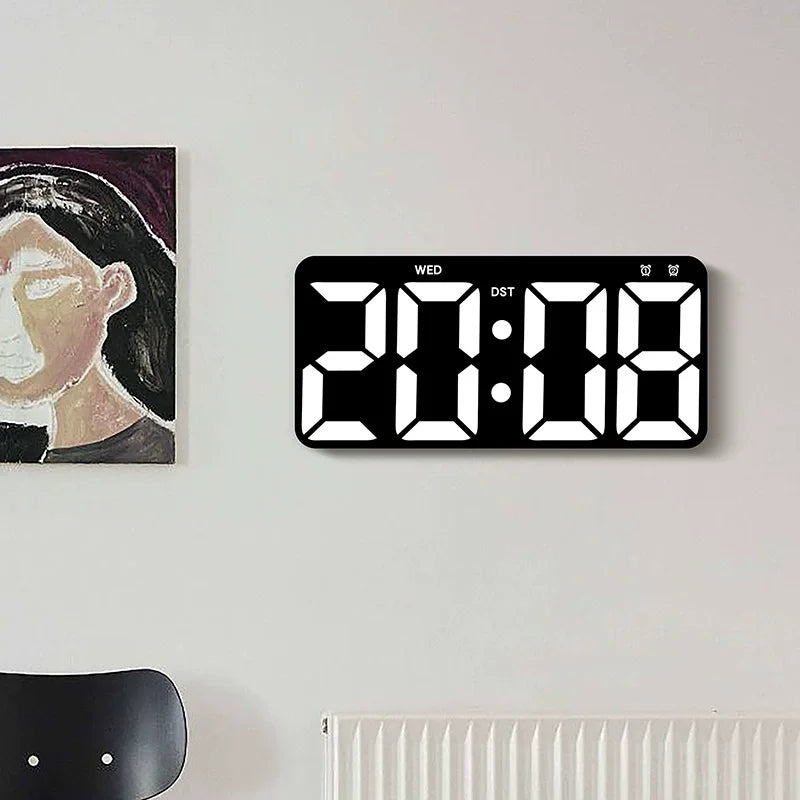 LED digital wall clock mounted on a wall above a radiator in a contemporary interior